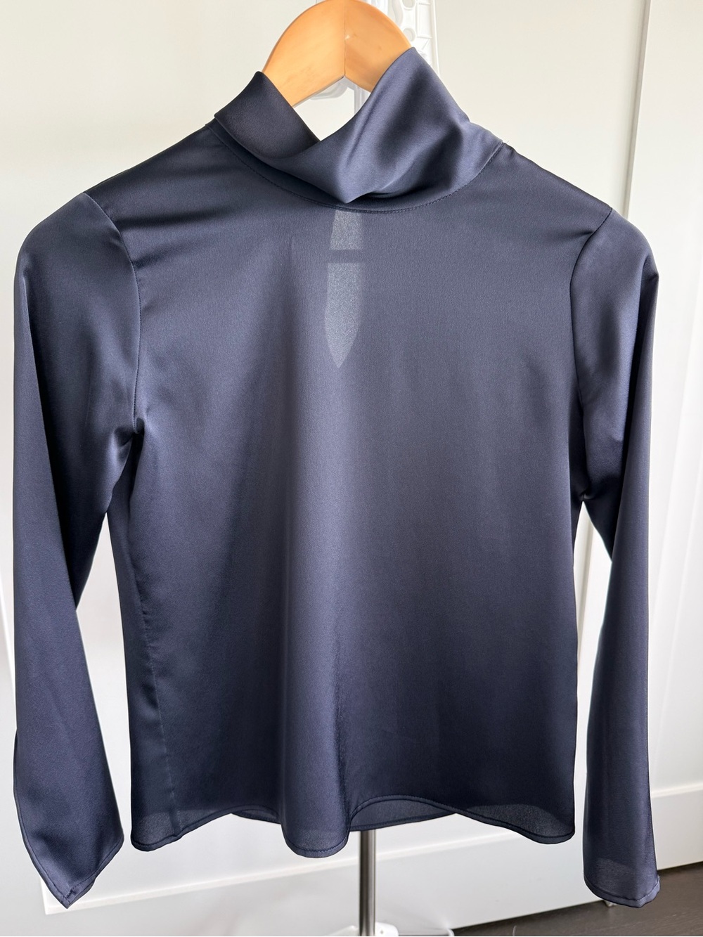 Banana Republic Petite XXS Satin High Neck Blouse Navy Blue